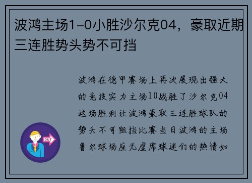 波鸿主场1-0小胜沙尔克04，豪取近期三连胜势头势不可挡
