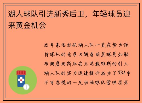 湖人球队引进新秀后卫，年轻球员迎来黄金机会