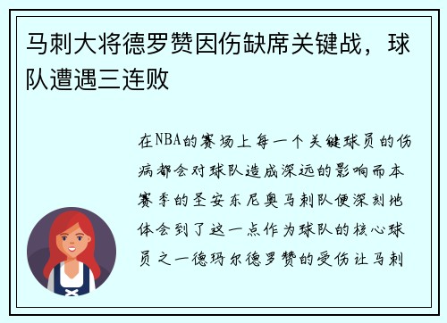 马刺大将德罗赞因伤缺席关键战，球队遭遇三连败